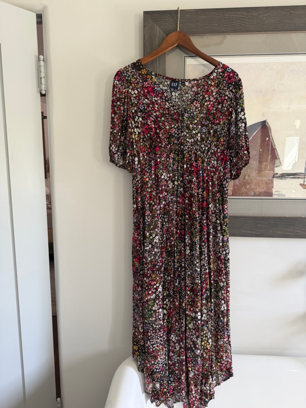 GAP Black Floral Maxi Dress with Pink & Green Accents PETITE L Like New